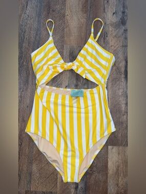 Judith March Yellow & White Striped One-Piece Swimsuit with Front Knot